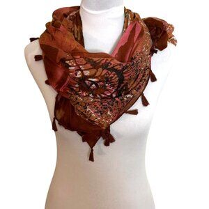 Bohemian Style Multicolor Floral Scarf Tassel Edges Wrap Chiffon Lagenlook Chic